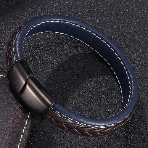 Fashion Bracelets for Men Blue Brown Leather Braided Bracelet Bangles 3 Colors Magnetic Buckle Male Wrist Band Jewelry Gifts 010