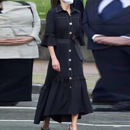 Fashion Designer 2021 Autumn New Dress Women Solid Single Breasted Flare Sleeve Ruffles Belt Elegant Dresses