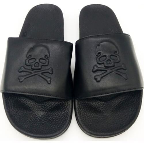 Mens Summer Beach Couple Cowhide Slippers Male Designer Black Skull Slippers Men Slides Casual Indoor Home Shoes Flip Flops Hot