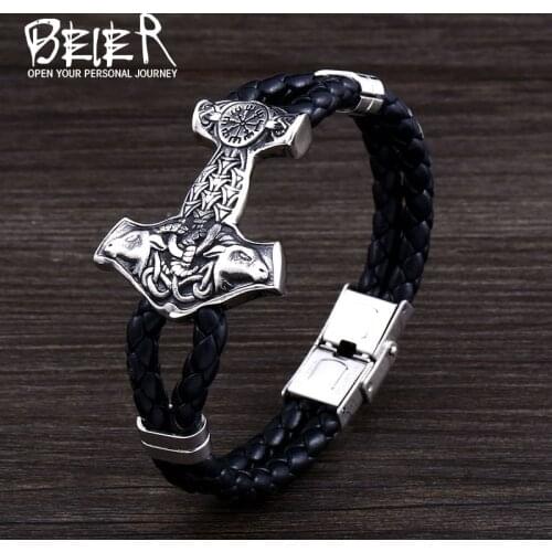 Beier 316L stainless steel Viking goat head hammer mens bracelet Nordic lucky symbol high quality jewelry LLBC-L015
