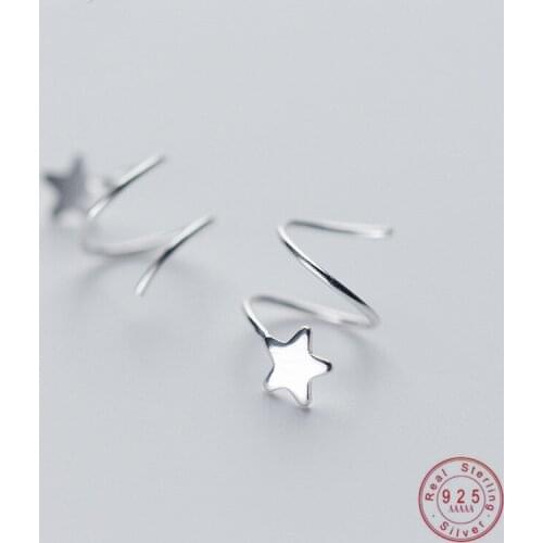 Genuine 925 Sterling Silver Pentagram Star Ear Bone Ear Buckle Rotating Wave Mini Stud Earrings for Women Personality Jewelrry