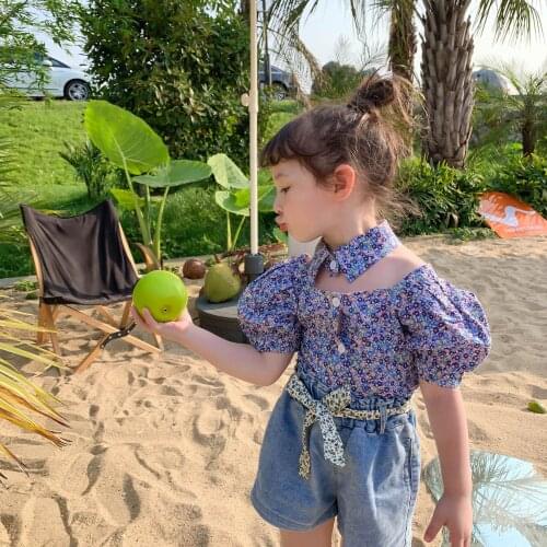 2021 Summer New Girls' Korean Floral Shirt Bubble Short Sleeve Cotton Single Collar Top Shirts for Girls