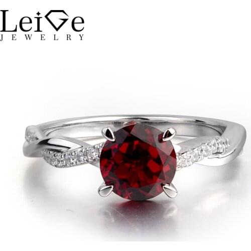 Leige Jewelry Genuine Red Garnet Gemstone Round Cut Anniversary Encircle Rings Wedding Bands January Birthstone 925 Silver
