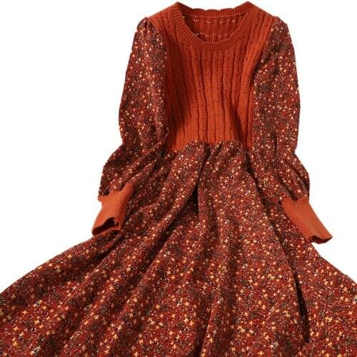 Autumn Winter Korean Fashion Printed Bottoming Dress Fake Two Piece Splicing Knit Ribbon Patchwork Dress Corduroy Floral Dress