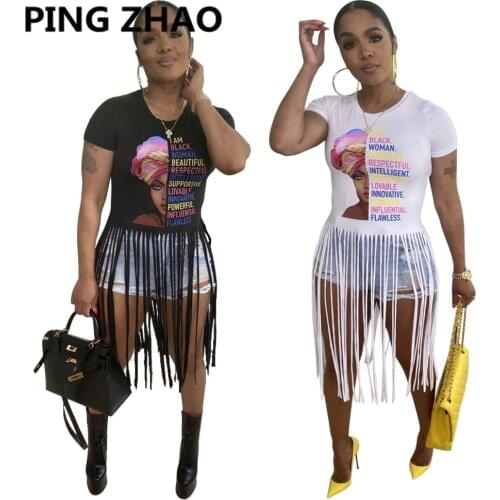 PING ZHAO Letters Print Short Sleeve Tassel Long T Shirt Summer Casual Fashion Tops Tees Streetwear Hot 2021