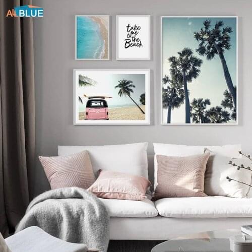 Scandinavian Pink Bus Palm Tree Landscape Wall Art Canvas Painting Poster Prints Beach Wave Wall Pictures For Living Room Decor