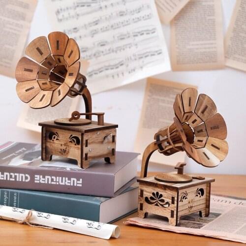 Creative Wooden Crafts Music Box Decoration Wooden Gramophone Model Retro Gramophone Home Bedroom Decoration Couple Gift