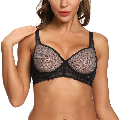 YANDW Women Lace Bra New Dot Cropped Mesh Thin Cup Bras Sexy Hollow See Through Perspective Intimates 32-44 A B C D DD E DDD F