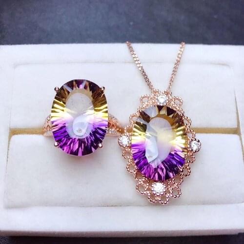 Bright purple yellow colorr ametrine ring necklace jewelry set for women 925 silver natural gem big size birthday party gift