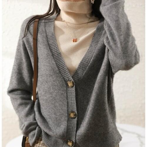 Women Cardigans 100% Pure Australian Wool Knitted Jackets 2021 New V-neck Loose Sweaters Female Knitwears