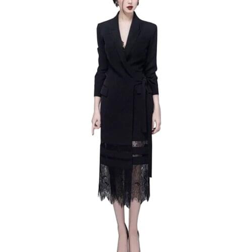 Women Blazer Dress Suits Black Lace Patchwork Long Sleeve Turn-down Collar Suit Dress Formal Party Dresses Female Outfits 2019