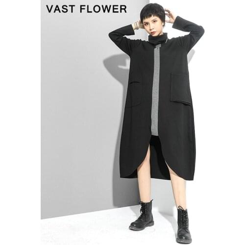 Women Dress Irregular Contrast Color Patchwork Clothes Long Sleeve High Collar Fashion Loose Casual Dresses Autumn Winter 2021