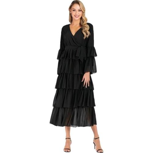 BianFeng Womens Elegant Ramadan Kaftan Dubai Abaya Turkey Muslim V-neck Robe Cake Dress Long Sleeve Solid Slim Fit Dress