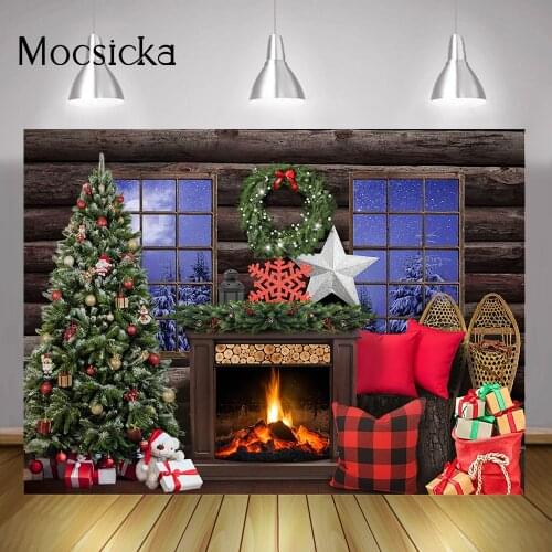 Winter Fireplace Kids Birthday Cake Smash Backdrop Window Snow Wonderland Xmas Night Background Christmas Trees Gifts Toys Photo