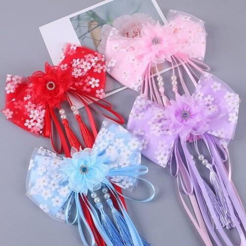 1PCS lovely Bow Girl Children Hairpin Headdress 4Colour Printing Streamer Pearl Duck Mouth Hair Clips Chinese Style