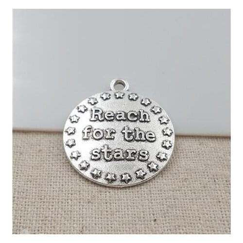 High Quality 20 Pieces/Lot Diameter 25mm Letter Embossed Reach For The Stars Dream Message Round Charm For Jewelry Making