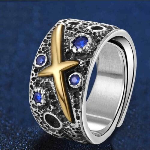 925 Sterling Silver color Star Cross Round Ring for Men Opening Vintage Punk Thai Silver color with Blue Zircon Ring Jewelry