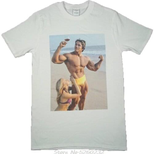 Arnold Schwarzenegger White T-Shirt Retro Olympia Bodybuilding Cartoon Print Short Sleeve T Shirt Tees Streetwear