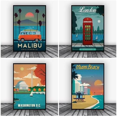 Europe USA Travel Poster Hd Prints Wall Pictures Canvas Prints London Malibu Decorative Painting City Vintage Landscape Cuadros