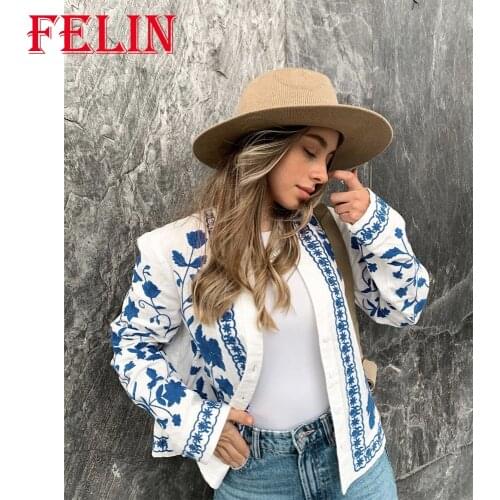 FELIN Za Women Cardigan White Blue Shirts New Embroidered Tops Streetwear Vintage Shirts 100% Cotton Loose Mujer Shirts