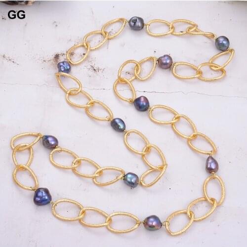 GuaiGuai Jewelry 39" 14MM Natural Black Baroque Pearl Gold Plated Chain Necklace