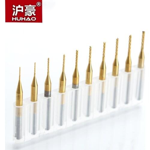HUHAO 10pcs/lot 3.175mm TiN Coating Corn Cutter cutting PCB milling bits end mill CNC router bits 0.6mm to 1.5mm end mill