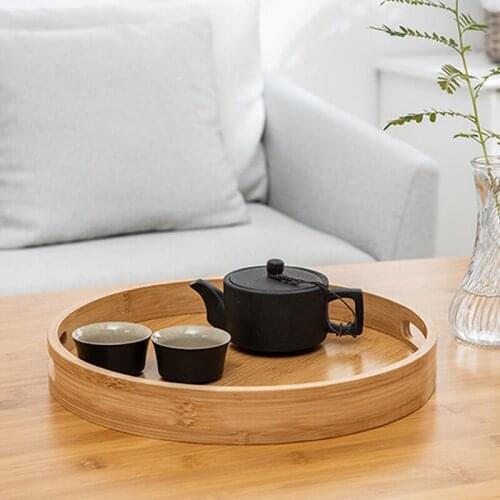Round Serving Bamboo Wooden Tray For Dinner Trays Tea Bar Breakfast Food Container Handle Storage Tray