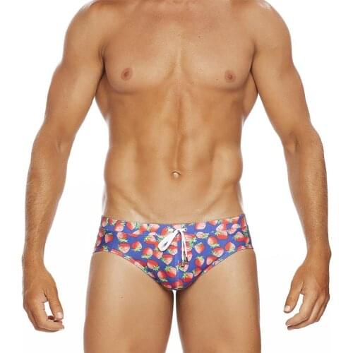Summer Mens Blue Swimwear With Strawberry Printed Sexy Bikini Swimming Pool Briefs With/Without Sponge Pad Low Waist Bequine