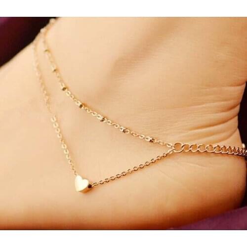 Summer Style Charming Heart Pendant Two Chains Golden Anklet Ankle Bracelet Foot Jewelry Barefoot Sandals Anklets For women