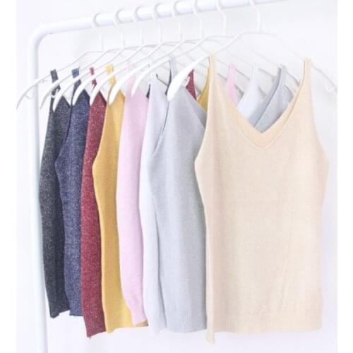 Sexy Knitted Tank Tops Women Gold Thread Top Vest Sequined V Neck Tank Tops Solid Silver Camis Beige Fitness Sweater Clothing