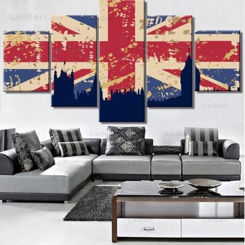 Five-Piece Modular Picture British Flag Retro Art Poster Home Decoration Living Room Print Canvas Painting On The Wall Frameless