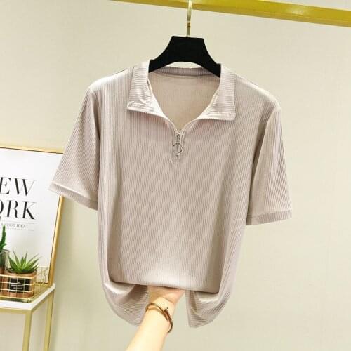 New summer T-shirt lapel short-sleeved bottoming shirt loose and thin top Korean half-open zipper simple T-shirt womens clothin