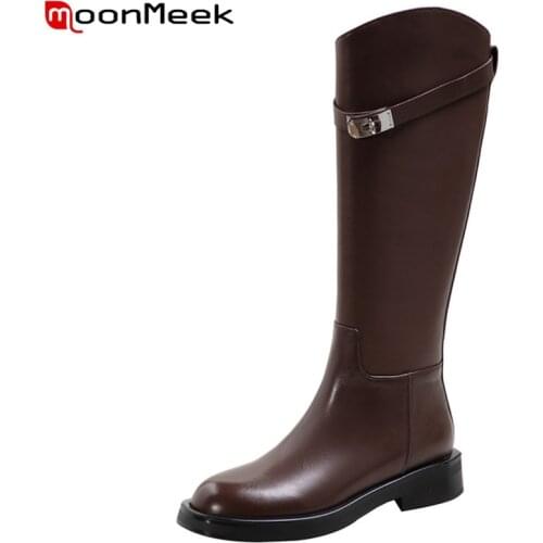 MoonMeek 2022 New Arrival Buckle Slip On Genuine Leather Shoes Hot Sale Fashion Women Winter Boots Comfortable Knee High Boots