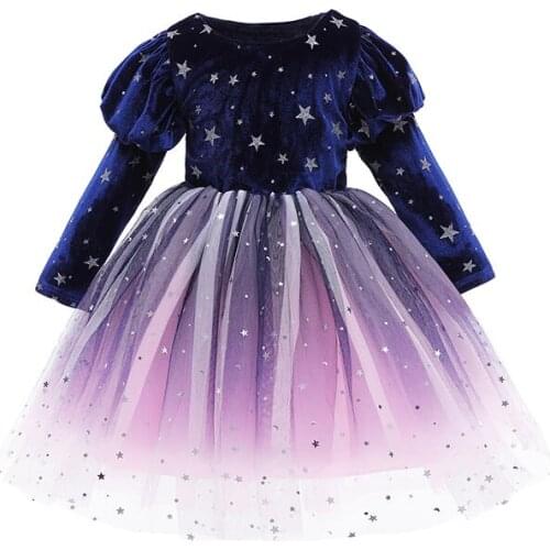 New Winter Dress For Girl Velvet Long-sleeved Velvet Lined Girls Princess Dress Starry Sky Tutu Skirt Party Dresses