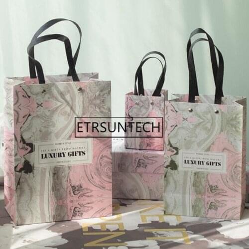 100pcs Luxury Gift Packaging Bags with Handles Marble Pattern Kraft Paper Bag Festival Gift Bag for Wedding Birthday Party