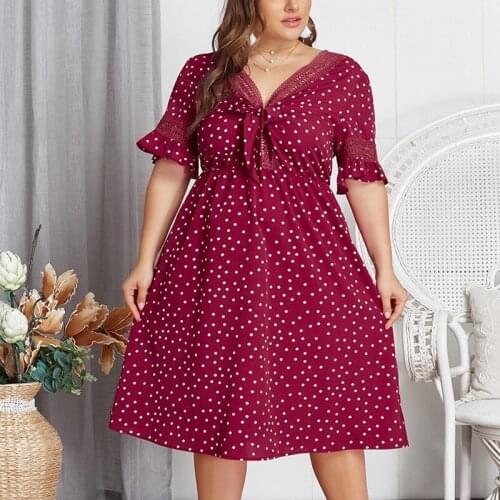 Plus size dress 3XL 4XL 5XL 6XL 7XL bust 132CM women sexy V-neck bow wave dot flared sleeve dress