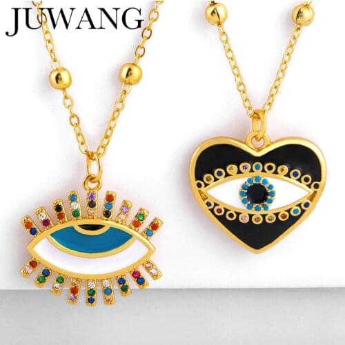 JUWANG Copper Greek Eye Pendant Necklaces For Woman Zirconia Heart Evil Eye Pendant CZ Rainbow Party Jewellry