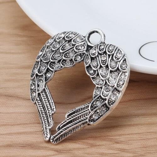 5 Pieces Angel Wing Heart & Rhinestone Charms Pendants for Necklace Jewellery Making Findings 45x37mm