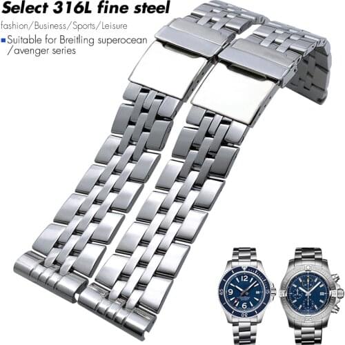 22mm 24mm Stainless Steel Watchband Suitable for Breitling AVENGER Pilot SuperOcean Solid Bracelets Silver Strap Folding Clasp