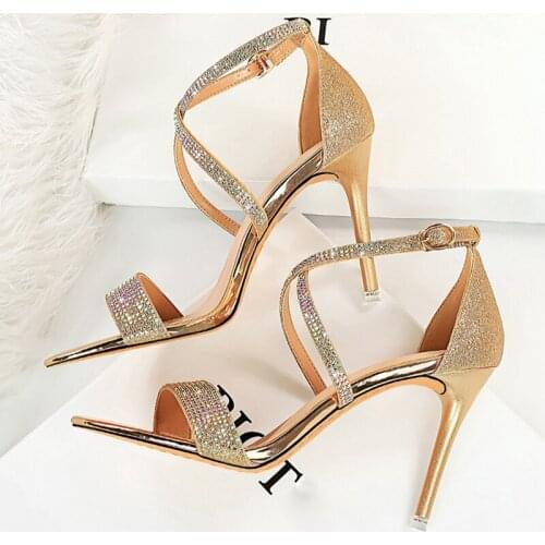 New Summer Sexy Women 9.5cm High Heels Crystal Sandals Designer Glitter Silver Gold Heels Sandals Ladies Wedding Bridal Shoes