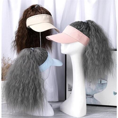 Hat with Hair Wig Summer Synthetic Wave Ponytail Wig Caps with Adjustable Straps Women Summer Sun Visor Hat Baseball Cap Wig