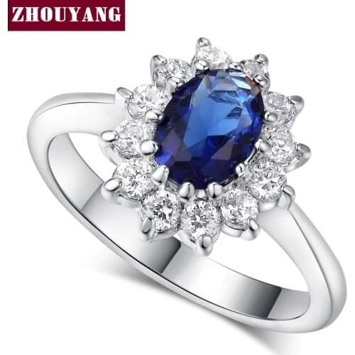 ZHOUYANG Princess Kate Blue Gem Created Blue Crystal Silver Color Wedding Finger Crystal Ring Brand Jewelry for Women ZYR076