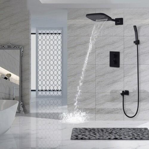 Batheroom Thermostatic Shower Faucets Wall Mounted Rain Luxury Waterfall Shower Head Black Shower System Kit Touch Panel Faucet