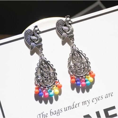 Vintage Ethnic Women Peacock Silver Color Jhumki Jhumka Earrings Indian Tibetan Jewelry Tribe Bohemia Boho Bell Tassel Earrings