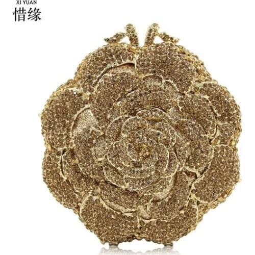 XIYUAN BRAND New Arrival Women pink Evening Bag Flower Crystal Clutch Top Quality Female Party Bags Ladies Wedding Purses gold