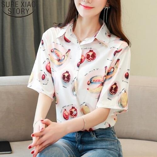 Fruit Printed Short Sleeved Shirt Womens Summer Hong Kong Style Plus Size Loose Blouses Blusas Mujer De Moda 2021 Tops 10073