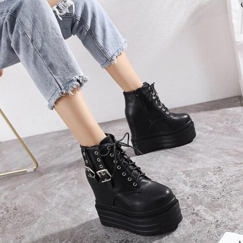 2020 Spring Wedges Ankle Booties Black Leather Rubber Sole Shoes Platform Boots Women Lacing Autumn Platform Heels Shoes 14cm