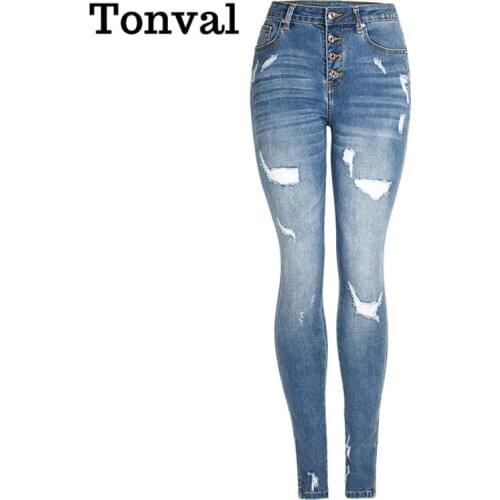 Tonval Women Ripped Jeans High Waist Button Fly Split Hem Skinny Denim Trousers Streetwear Fall 2021 Fashion Cotton Jeans