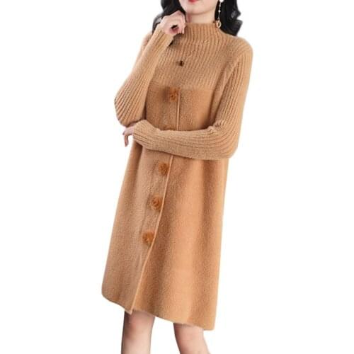 Women Sweaters New Autumn Winter Imitation Mink Knit Jumper Half Turtleneck Sweater Solid Long Sleeve Loose Mini Sweaters Dress