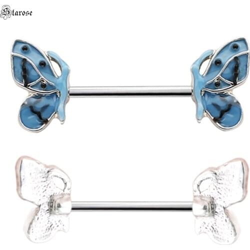 2Pcs Cute Black Oil Dripping Butterfly Nipple Piercing Jewelry Stainless Steel Nipple Rings Bar 14G Sexy Women Helix Piercing